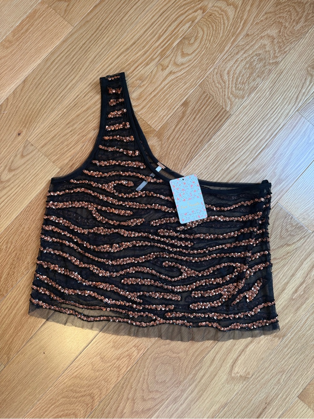 Free People Black Mesh One-Shoulder Camisole with Rose Gold Sequins